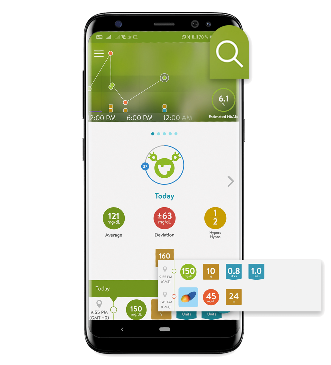 Android phone with mySugr mobile application Smart Search feature displayed